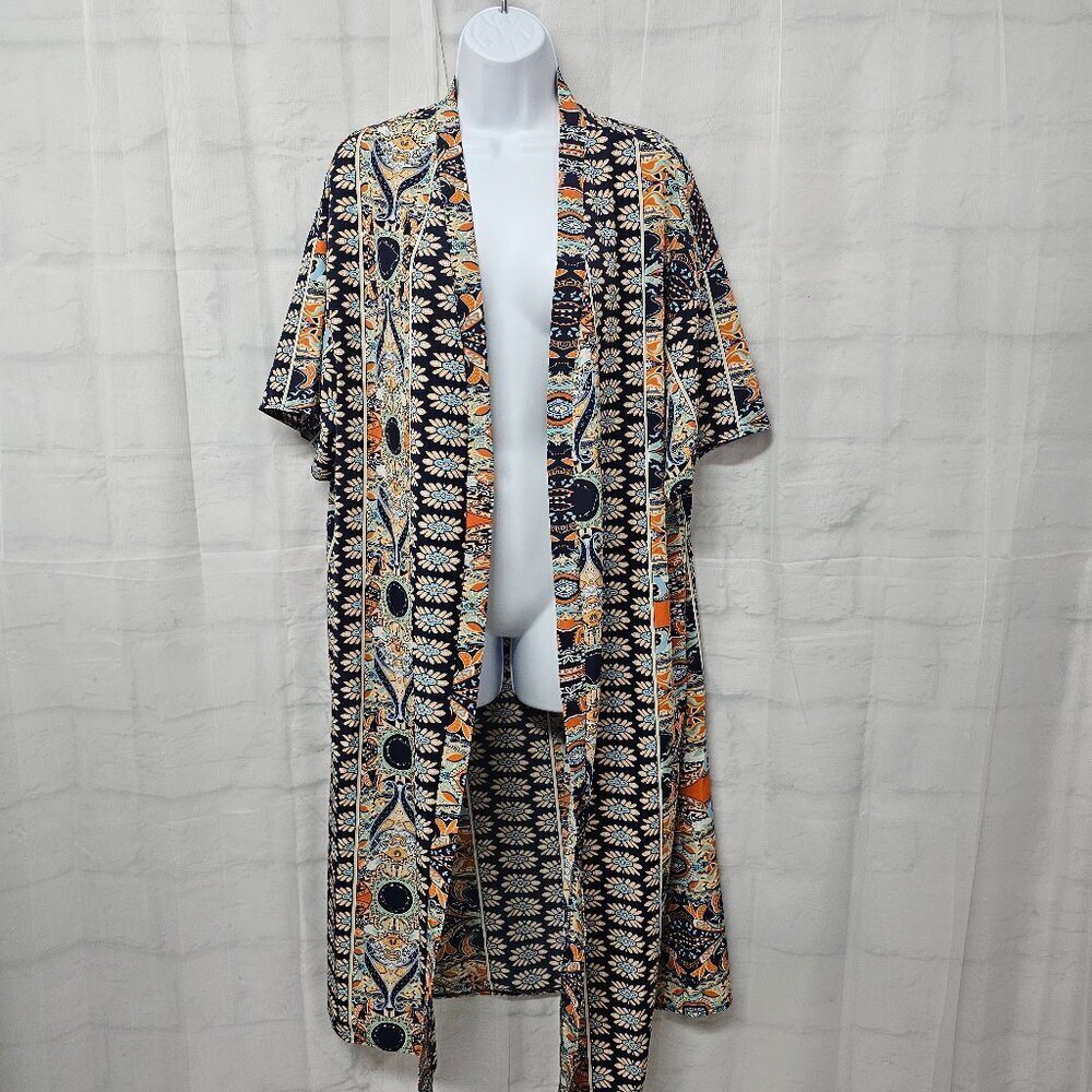 Kimono Blue Orange Boho Open Hippie Gypsy Festival Floral OSFA